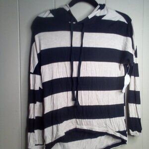 Blushed Blouse S Long Sleeve Hood Stripe Black Tan